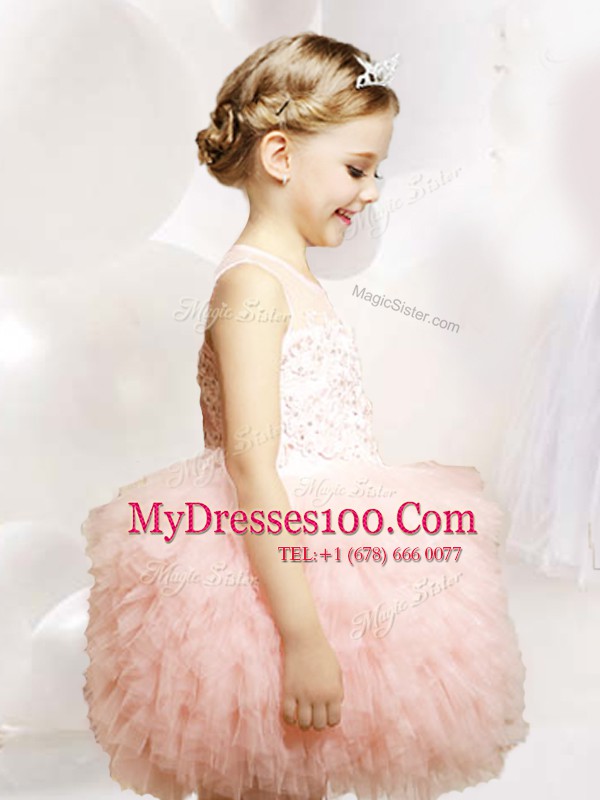 Low Price Baby Pink Scoop Neckline Appliques and Ruffles Flower Girl Dresses for Less Sleeveless Zipper