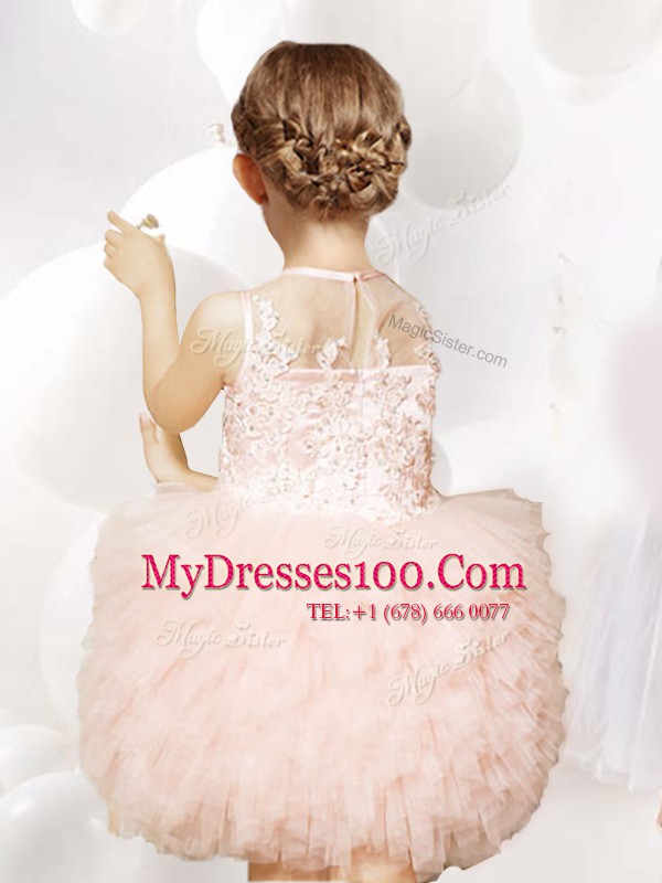Low Price Baby Pink Scoop Neckline Appliques and Ruffles Flower Girl Dresses for Less Sleeveless Zipper
