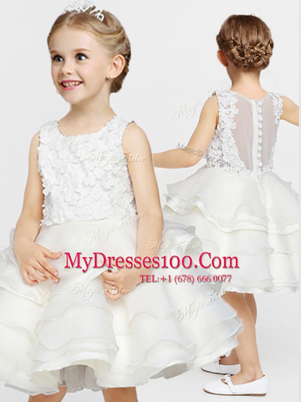 Super Knee Length White Flower Girl Dress Scoop Sleeveless Clasp Handle