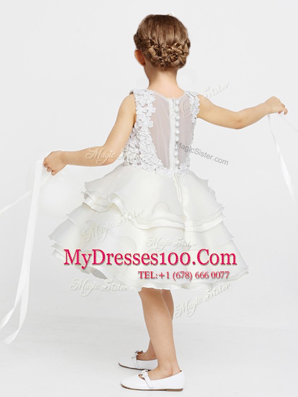 Super Knee Length White Flower Girl Dress Scoop Sleeveless Clasp Handle