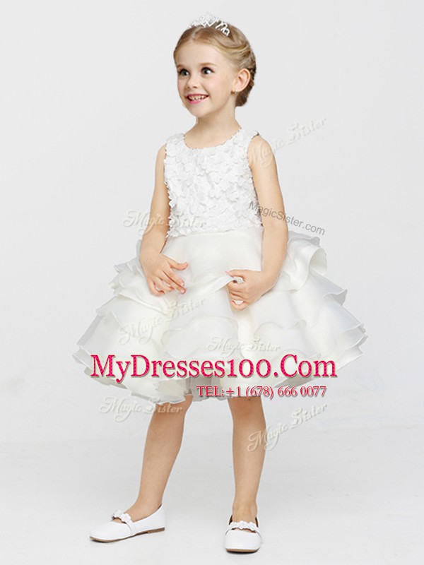 Super Knee Length White Flower Girl Dress Scoop Sleeveless Clasp Handle