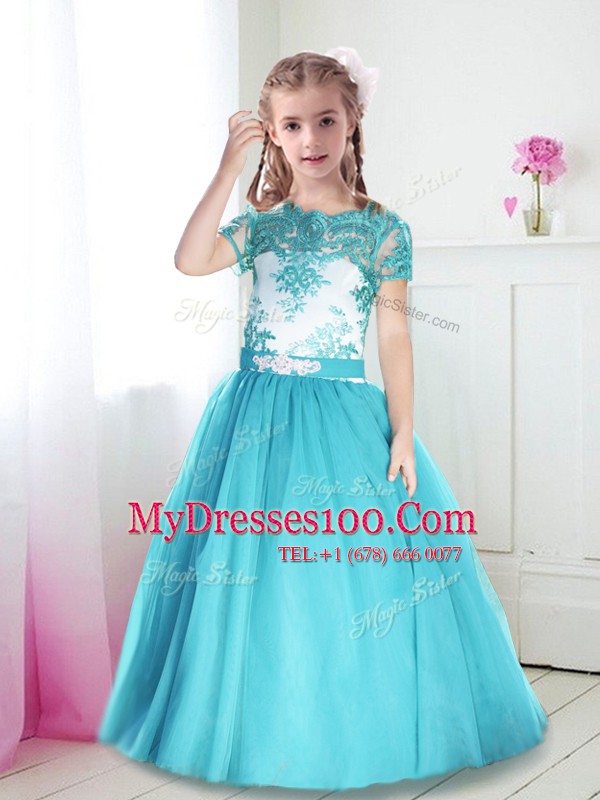 Custom Designed Scoop Short Sleeves Floor Length Zipper Flower Girl Dresses for Less Turquoise for Party and Quinceanera and Wedding Party with Lace and Belt
