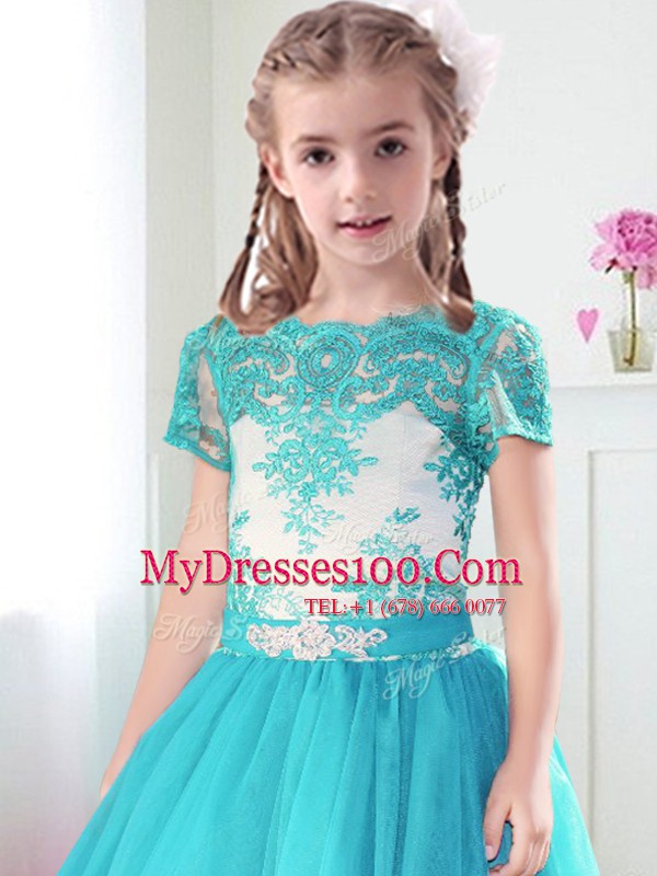 Custom Designed Scoop Short Sleeves Floor Length Zipper Flower Girl Dresses for Less Turquoise for Party and Quinceanera and Wedding Party with Lace and Belt