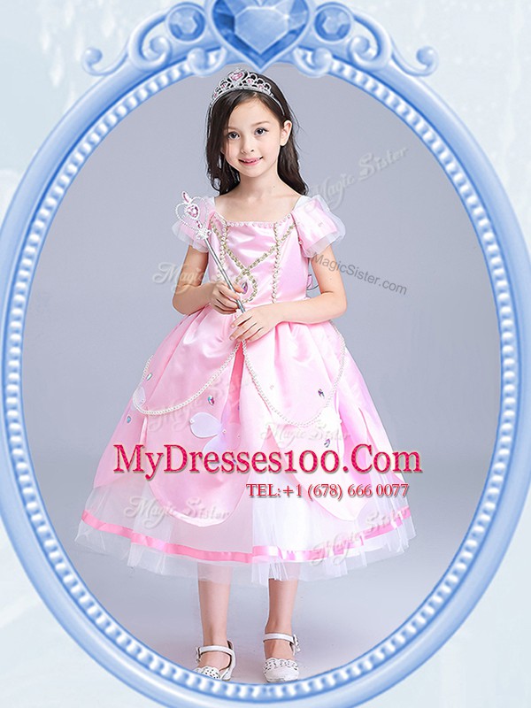 Custom Design Baby Pink Ball Gowns Taffeta and Tulle Square Short Sleeves Beading and Appliques Tea Length Zipper Toddler Flower Girl Dress