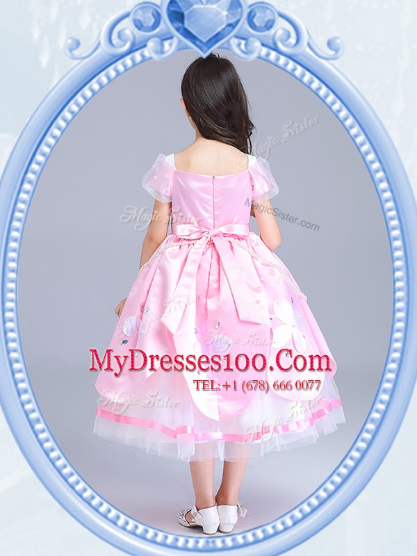 Custom Design Baby Pink Ball Gowns Taffeta and Tulle Square Short Sleeves Beading and Appliques Tea Length Zipper Toddler Flower Girl Dress