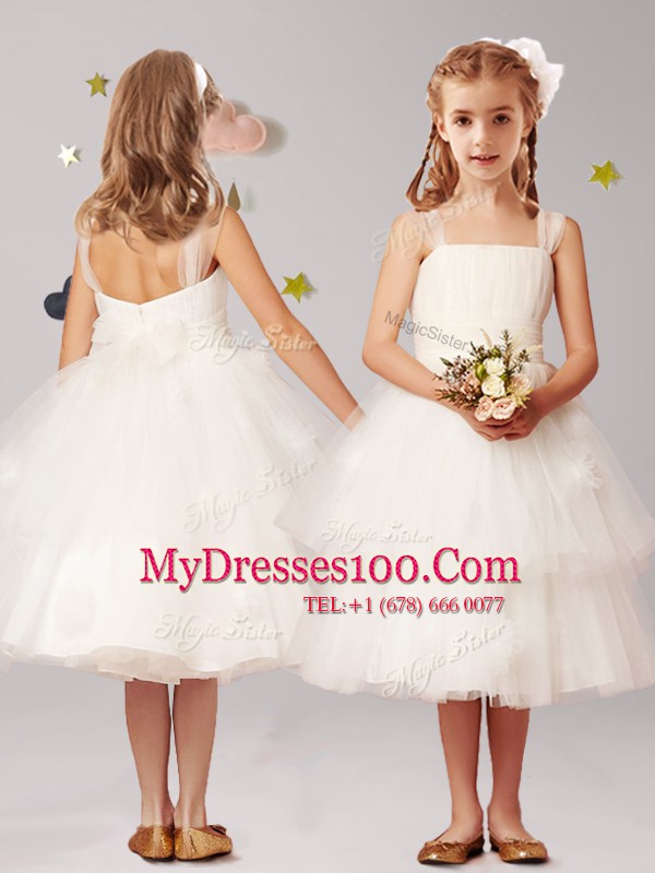 Straps Tea Length Zipper Flower Girl Dresses White for Party and Quinceanera and Wedding Party with Appliques and Ruffled Layers and Bowknot