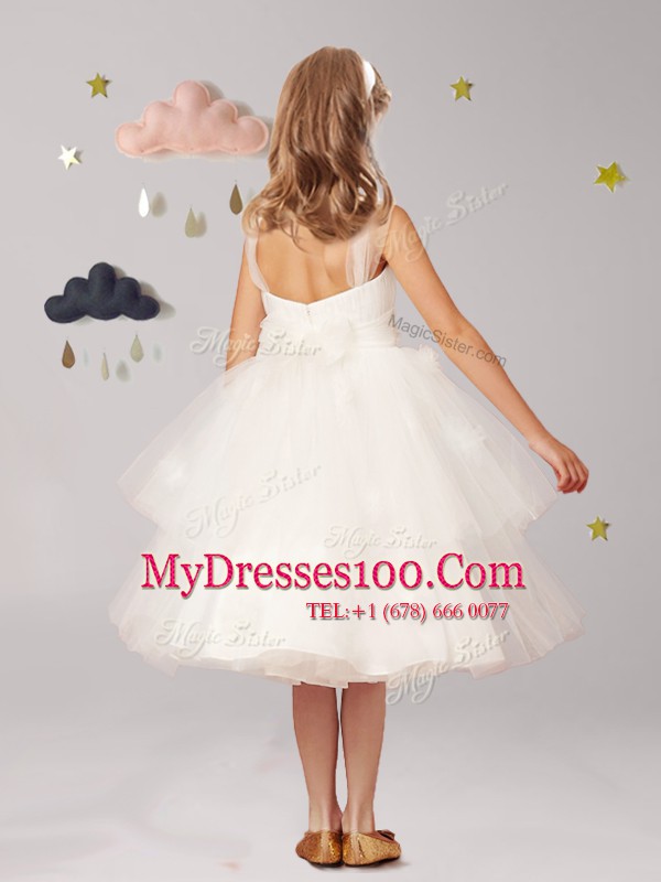 Straps Tea Length Zipper Flower Girl Dresses White for Party and Quinceanera and Wedding Party with Appliques and Ruffled Layers and Bowknot