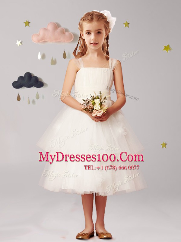 Straps Tea Length Zipper Flower Girl Dresses White for Party and Quinceanera and Wedding Party with Appliques and Ruffled Layers and Bowknot