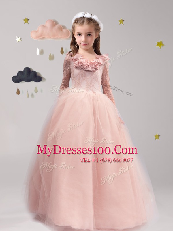 Scoop Backless Tulle Long Sleeves With Train Flower Girl Dress Brush Train and Lace and Appliques and Ruffles