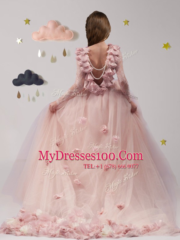 Scoop Backless Tulle Long Sleeves With Train Flower Girl Dress Brush Train and Lace and Appliques and Ruffles