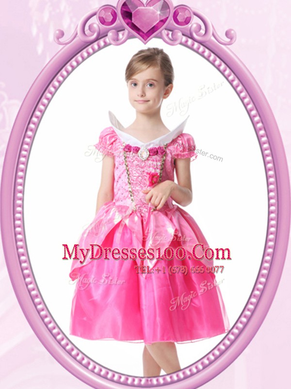 Top Selling Short Sleeves Knee Length Beading and Hand Made Flower Clasp Handle Flower Girl Dress with Hot Pink