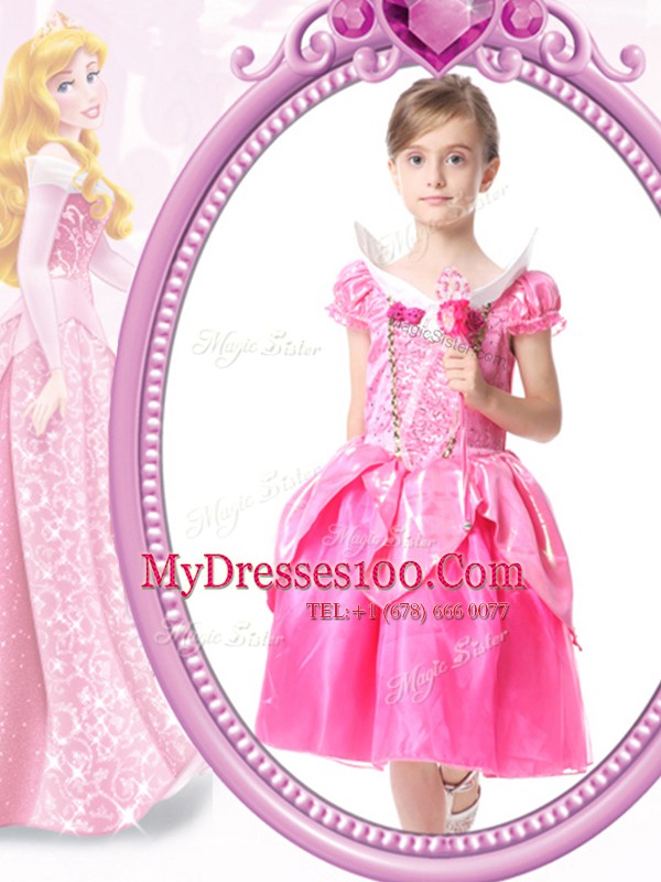 Top Selling Short Sleeves Knee Length Beading and Hand Made Flower Clasp Handle Flower Girl Dress with Hot Pink