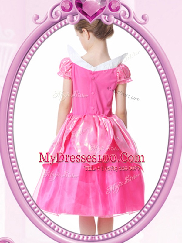 Top Selling Short Sleeves Knee Length Beading and Hand Made Flower Clasp Handle Flower Girl Dress with Hot Pink