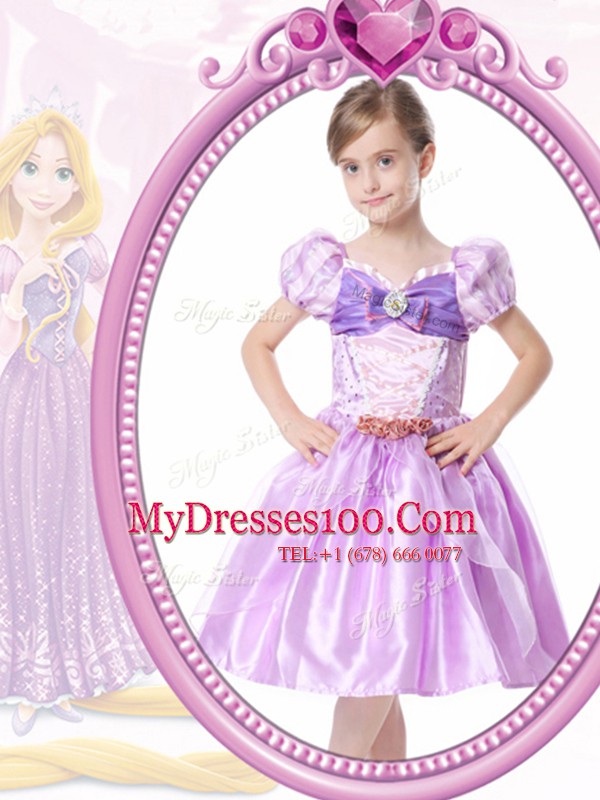 Knee Length Lilac Flower Girl Dresses for Less V-neck Short Sleeves Clasp Handle