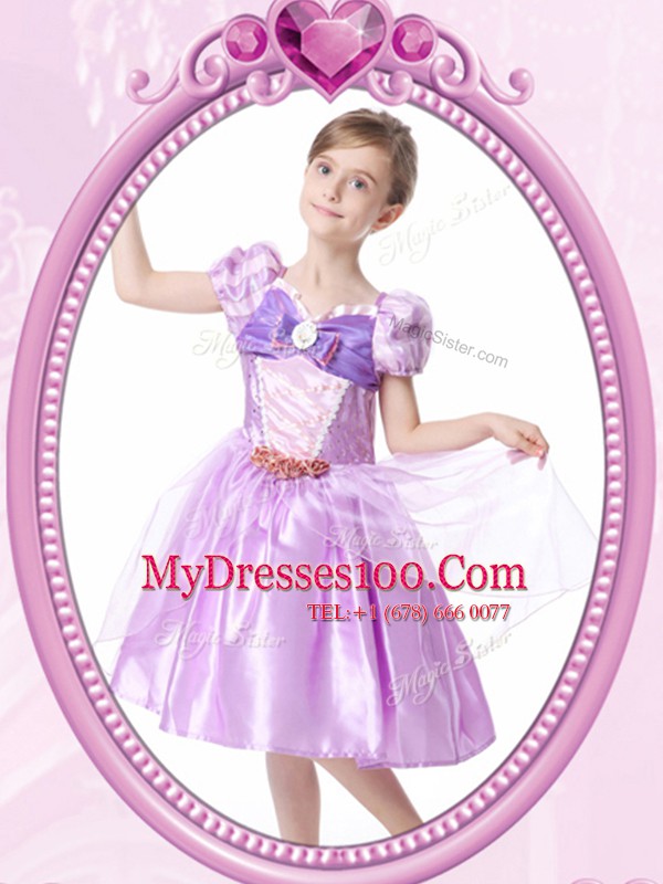 Knee Length Lilac Flower Girl Dresses for Less V-neck Short Sleeves Clasp Handle