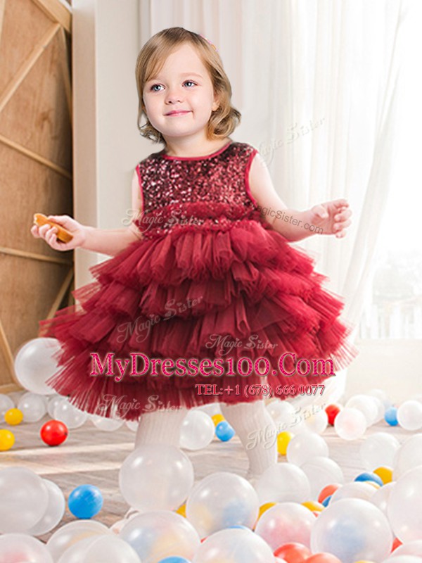 Sumptuous Scoop Wine Red Ball Gowns Ruffled Layers and Sequins Flower Girl Dress Zipper Tulle Sleeveless Mini Length