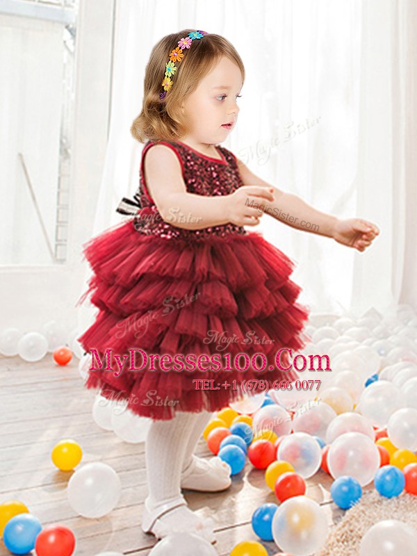 Sumptuous Scoop Wine Red Ball Gowns Ruffled Layers and Sequins Flower Girl Dress Zipper Tulle Sleeveless Mini Length