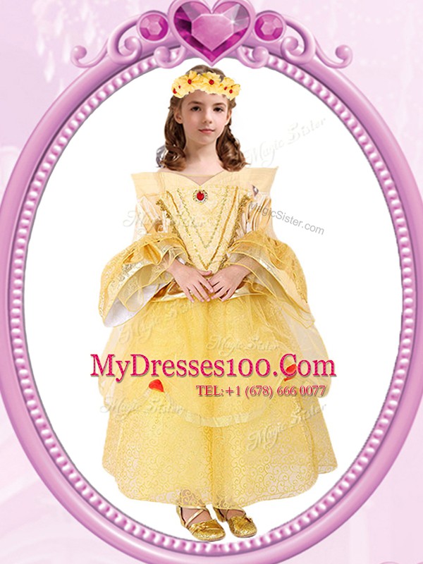 Dramatic Scoop Gold Long Sleeves Ankle Length Beading and Sequins Zipper Flower Girl Dresses