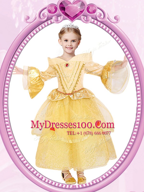 Dramatic Scoop Gold Long Sleeves Ankle Length Beading and Sequins Zipper Flower Girl Dresses