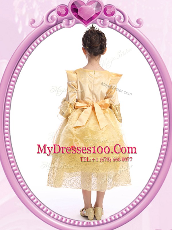 Dramatic Scoop Gold Long Sleeves Ankle Length Beading and Sequins Zipper Flower Girl Dresses