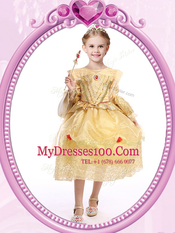 Dramatic Scoop Gold Long Sleeves Ankle Length Beading and Sequins Zipper Flower Girl Dresses