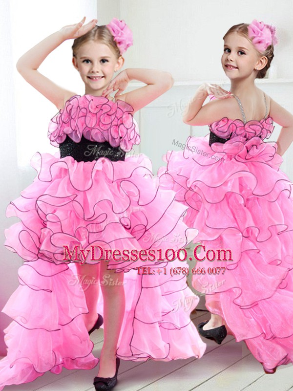 Fashion Straps Rose Pink Sleeveless Beading and Ruffles and Belt High Low Toddler Flower Girl Dress