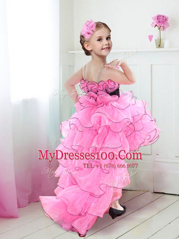 Fashion Straps Rose Pink Sleeveless Beading and Ruffles and Belt High Low Toddler Flower Girl Dress
