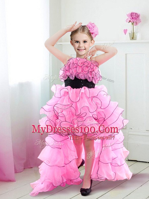 Fashion Straps Rose Pink Sleeveless Beading and Ruffles and Belt High Low Toddler Flower Girl Dress