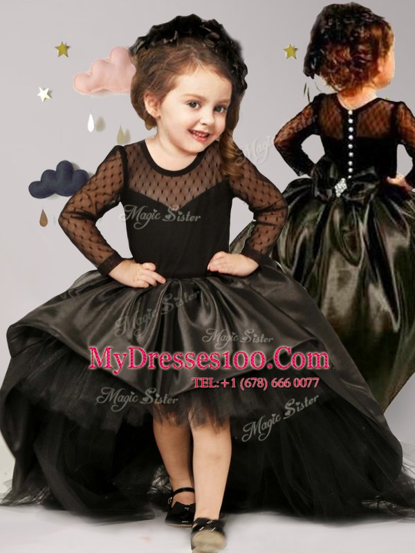 Vintage Scoop Long Sleeves Brush Train Clasp Handle Toddler Flower Girl Dress Black Taffeta and Tulle