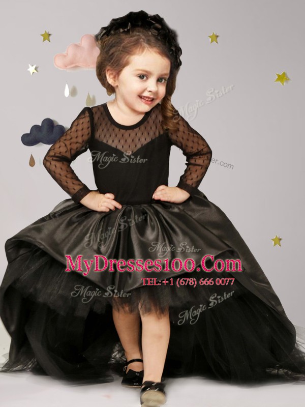 Vintage Scoop Long Sleeves Brush Train Clasp Handle Toddler Flower Girl Dress Black Taffeta and Tulle