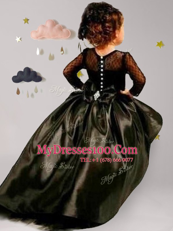Vintage Scoop Long Sleeves Brush Train Clasp Handle Toddler Flower Girl Dress Black Taffeta and Tulle