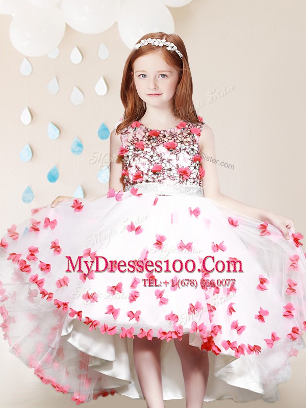 Custom Fit Scoop Sleeveless Zipper Flower Girl Dress White And Red Tulle