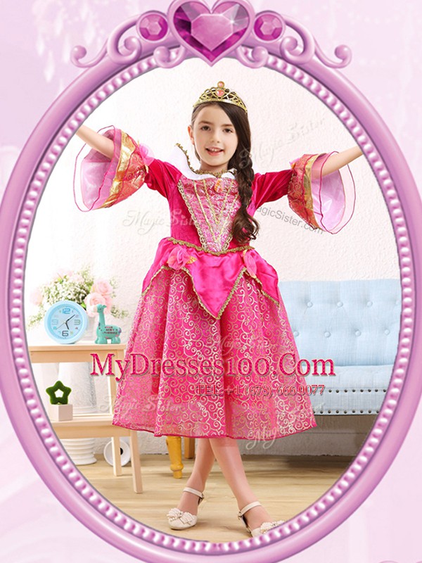 Scoop 3 4 Length Sleeve Flower Girl Dress Tea Length Sequins Hot Pink Sequined