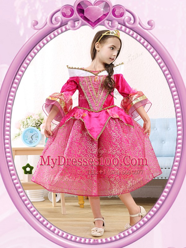 Scoop 3 4 Length Sleeve Flower Girl Dress Tea Length Sequins Hot Pink Sequined