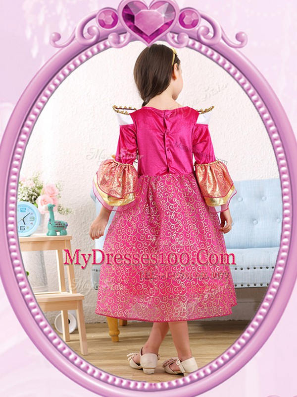 Scoop 3 4 Length Sleeve Flower Girl Dress Tea Length Sequins Hot Pink Sequined