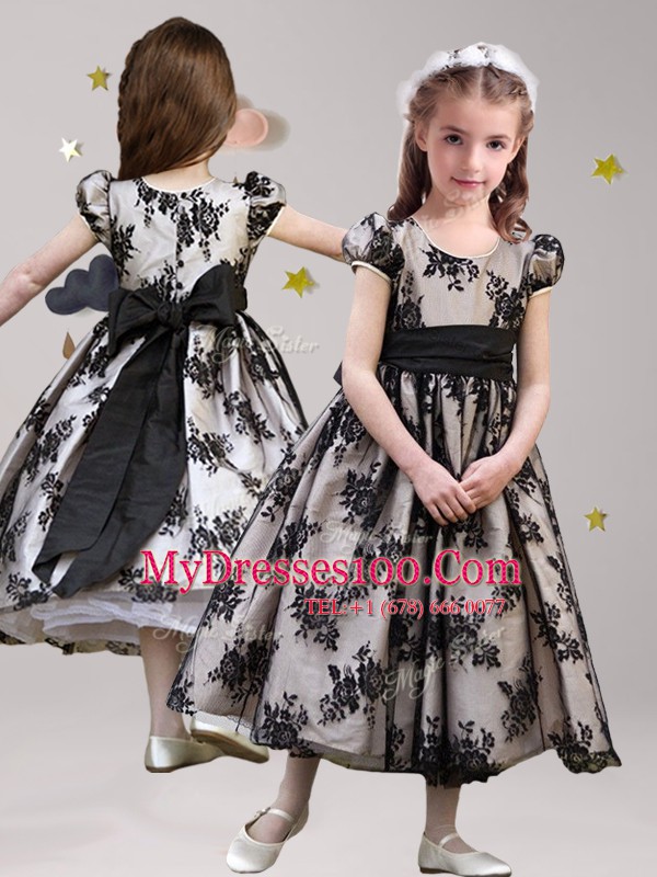 Chic Scoop Lace Short Sleeves Zipper Tea Length Sashes ribbons Flower Girl Dress