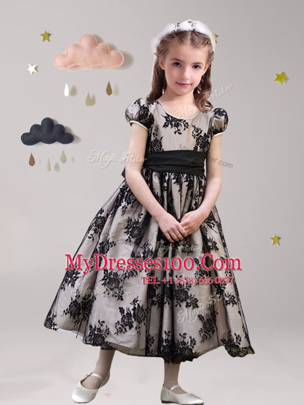 Chic Scoop Lace Short Sleeves Zipper Tea Length Sashes ribbons Flower Girl Dress
