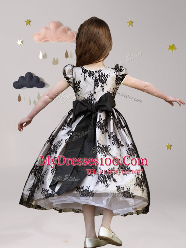 Chic Scoop Lace Short Sleeves Zipper Tea Length Sashes ribbons Flower Girl Dress