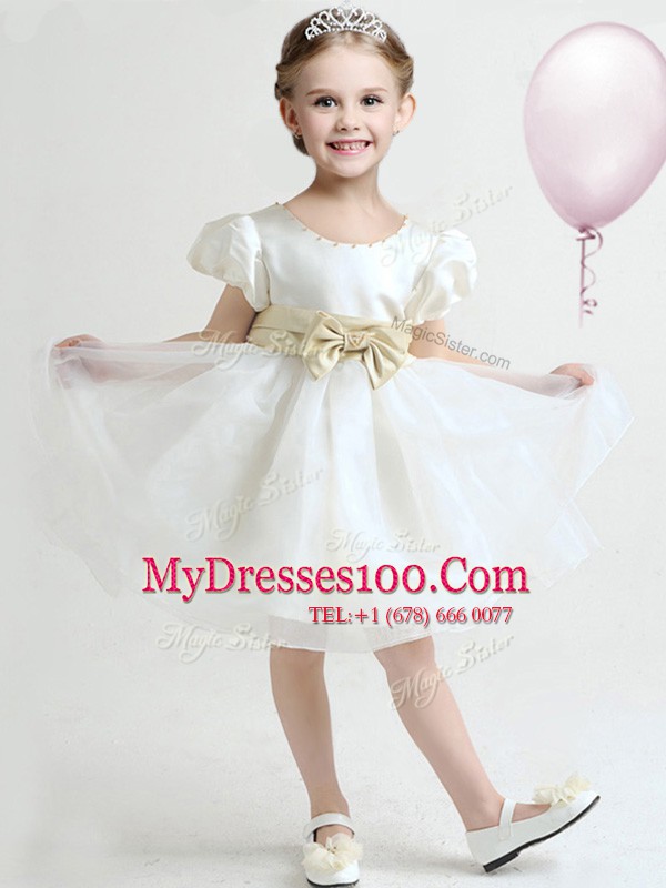 Scoop Bowknot Flower Girl Dress White Zipper Short Sleeves Knee Length