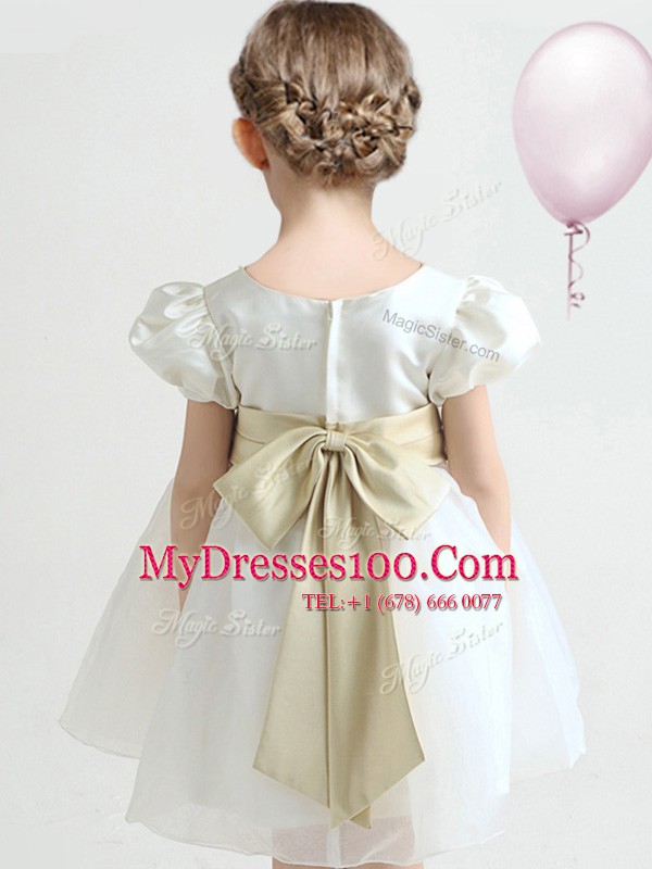 Scoop Bowknot Flower Girl Dress White Zipper Short Sleeves Knee Length