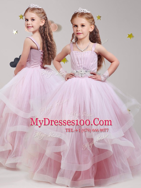Baby Pink Straps Neckline Beading and Ruffles Flower Girl Dress Sleeveless Lace Up