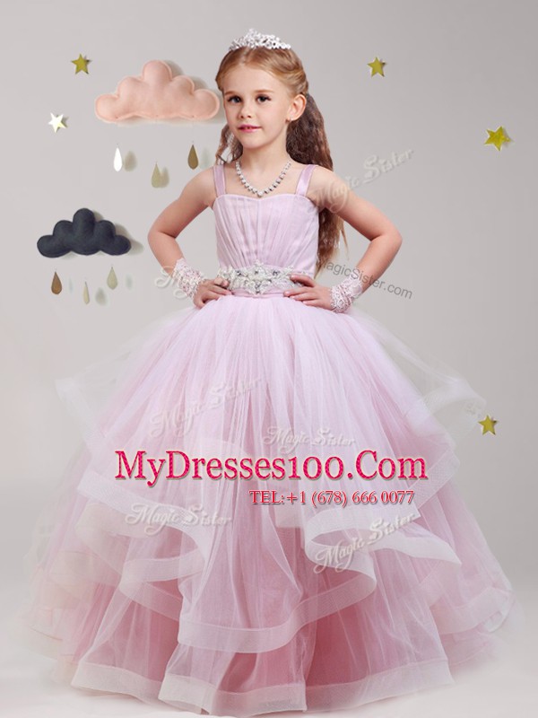 Baby Pink Straps Neckline Beading and Ruffles Flower Girl Dress Sleeveless Lace Up