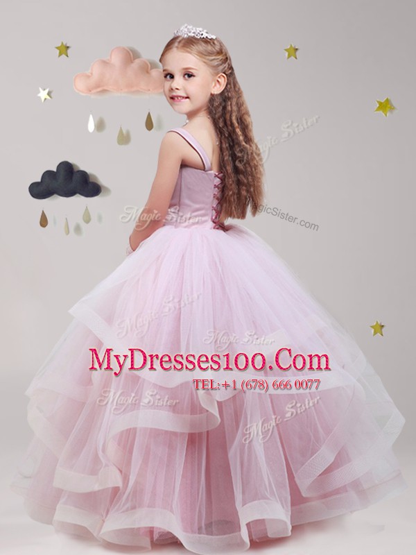 Baby Pink Straps Neckline Beading and Ruffles Flower Girl Dress Sleeveless Lace Up