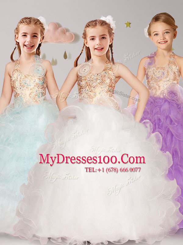 Popular Halter Top Sleeveless Beading and Ruffles and Hand Made Flower Lace Up Flower Girl Dress