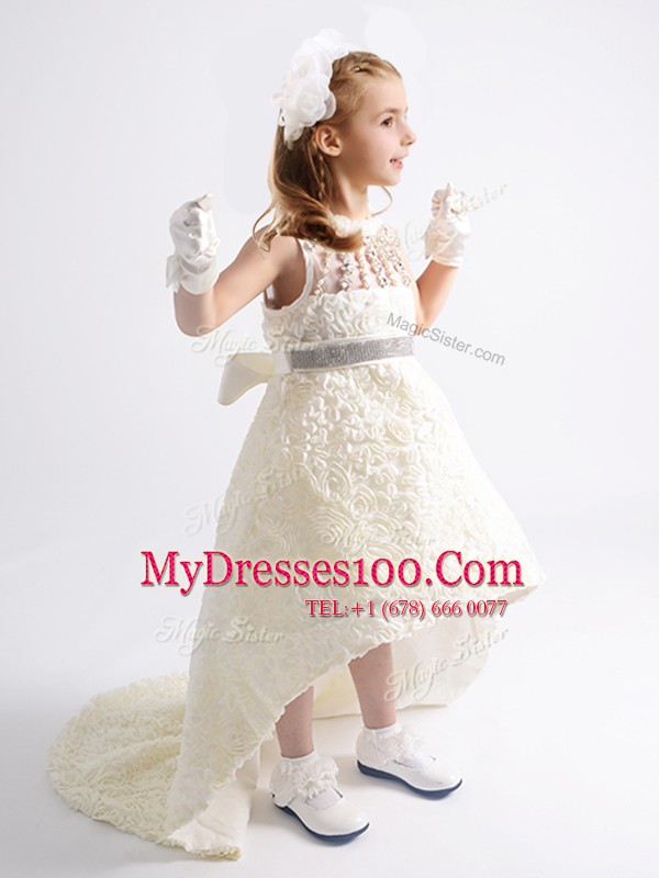 Discount A-line Flower Girl Dresses White Scoop Fabric With Rolling Flowers Sleeveless High Low Zipper