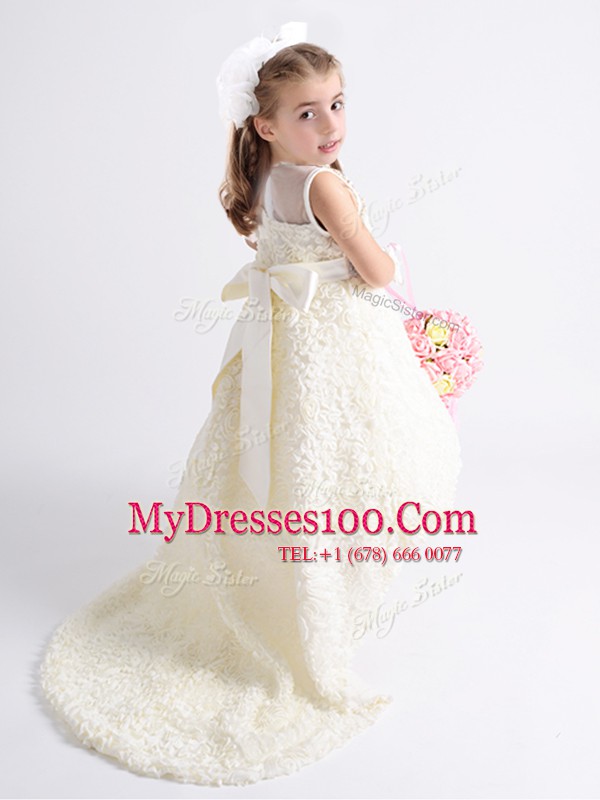 Discount A-line Flower Girl Dresses White Scoop Fabric With Rolling Flowers Sleeveless High Low Zipper