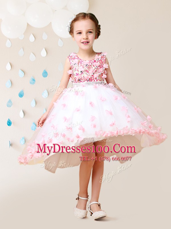 Decent Scoop Pink And White A-line Lace and Appliques Flower Girl Dress Zipper Tulle Sleeveless High Low