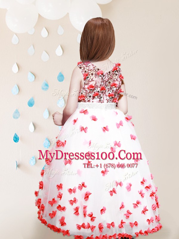 Decent Scoop Pink And White A-line Lace and Appliques Flower Girl Dress Zipper Tulle Sleeveless High Low