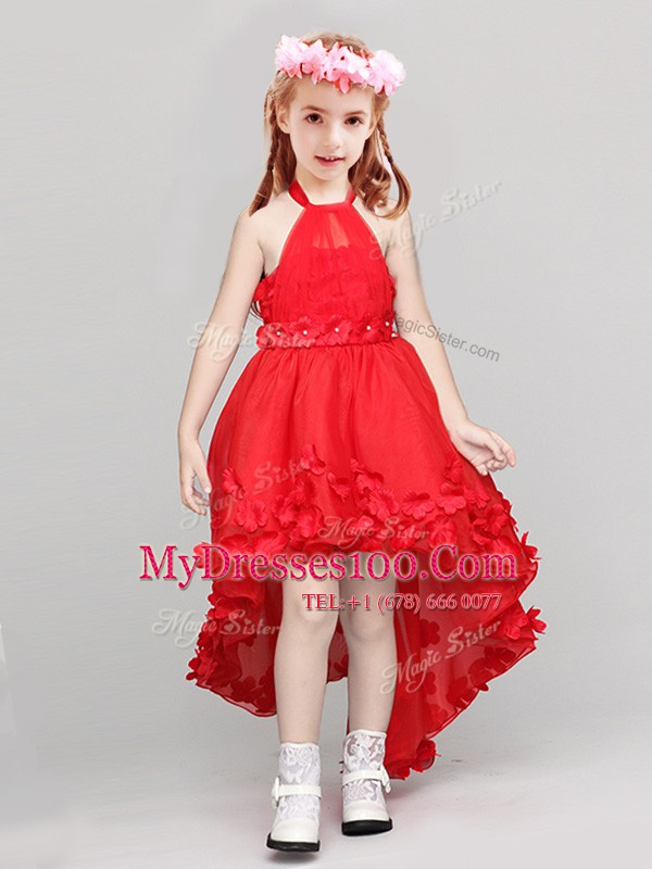 Halter Top Sleeveless Zipper High Low Appliques and Bowknot Flower Girl Dresses for Less