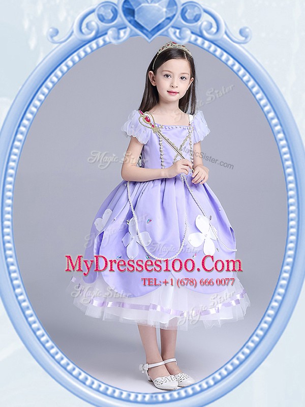 Unique Square Short Sleeves Taffeta and Tulle Tea Length Zipper Flower Girl Dresses for Less in Lavender with Beading and Appliques
